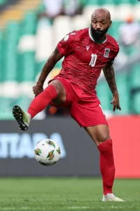 Equatorial Guinea's forward #10 Emilio Nsue kicks the ball during the Africa Cup of Nations group A football match against Guinea-Bissau at the Alassane Ouattara Olympic Stadium in Ebimpe, Abidjan, January 18, 2024